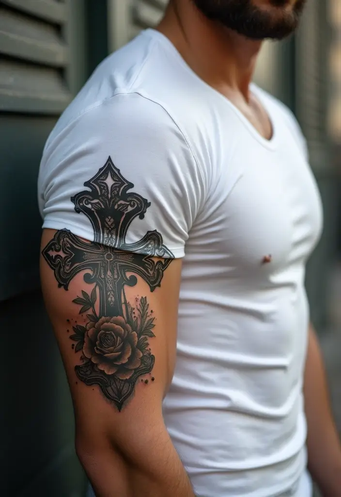 30 Cross Sleeve Tattoos for Men That Carry Deep Meaning - 7. Floral Cross Tattoos