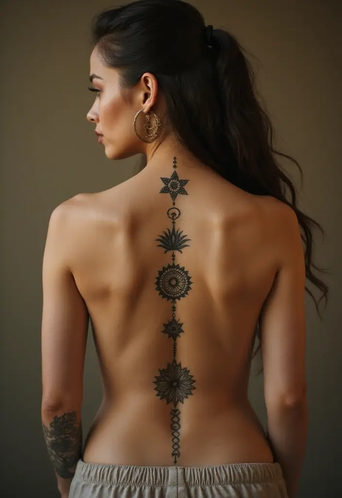 30 Dainty Spine Tattoos for Women That Look Effortlessly Chic - 16. Spiritual Symbols
