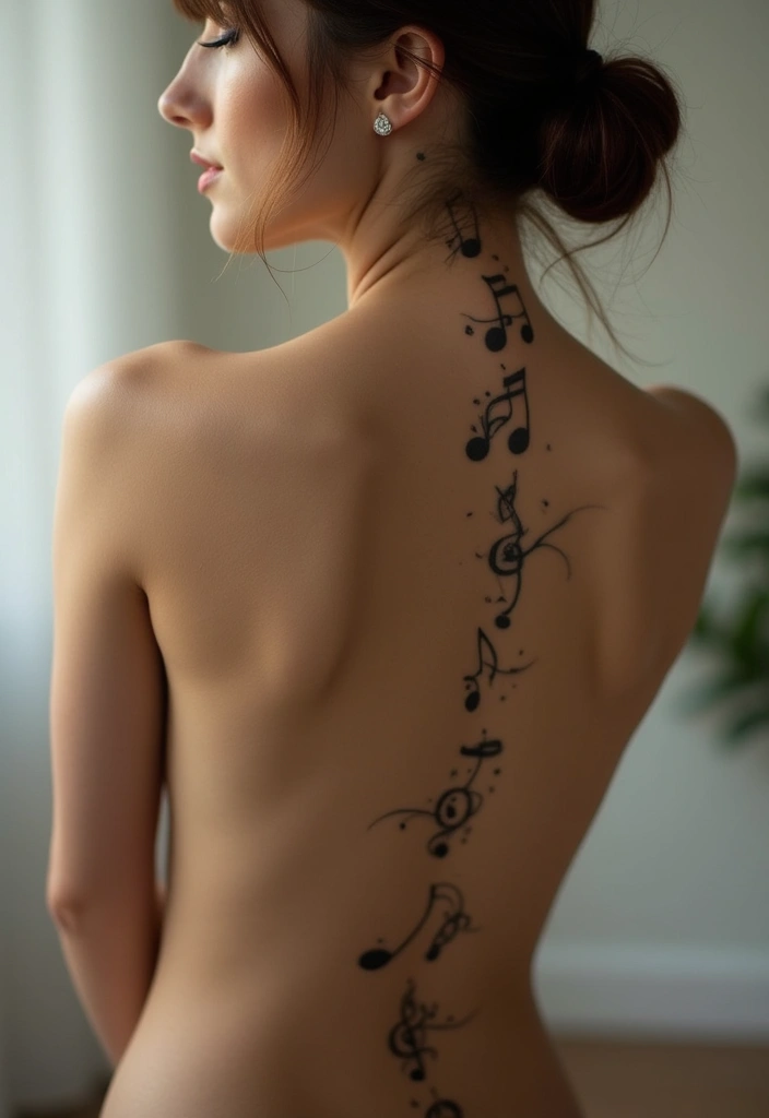 30 Dainty Spine Tattoos for Women That Look Effortlessly Chic - 23. Music Notes