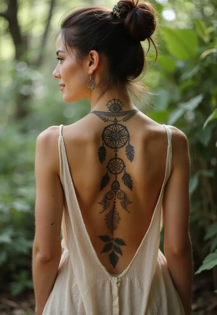 30 Dainty Spine Tattoos for Women That Look Effortlessly Chic - 24. Dreamcatcher Designs
