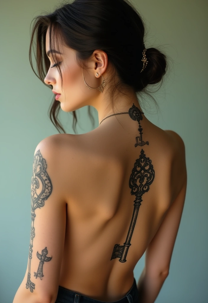 30 Dainty Spine Tattoos for Women That Look Effortlessly Chic - 29. Vintage Keys