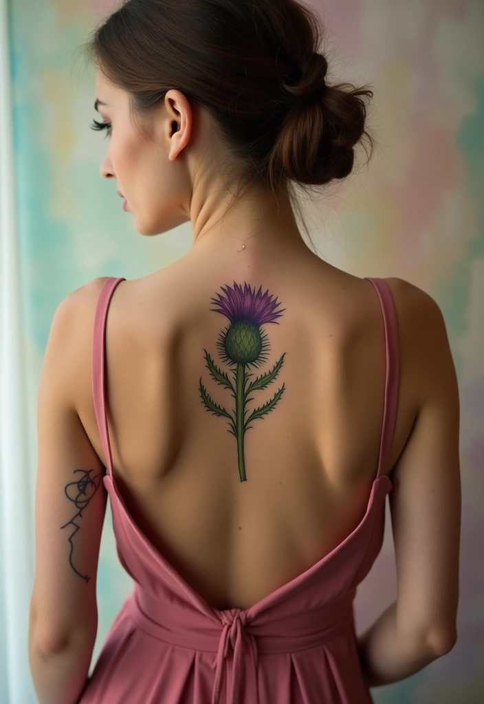 30 Spine Tattoos for Women: Simple But Beautifully Detailed - 16. Stylish Thistle
