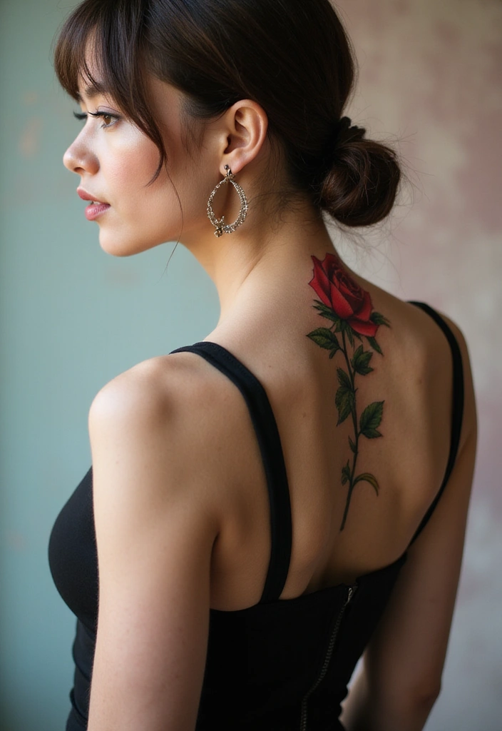 30 Spine Tattoos for Women: Simple But Beautifully Detailed - 2. Elegant Rose Stem