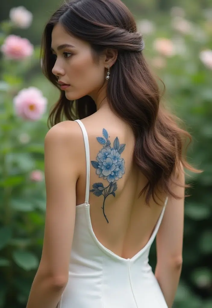 30 Spine Tattoos for Women: Simple But Beautifully Detailed - 28. Soft Blue Hydrangeas