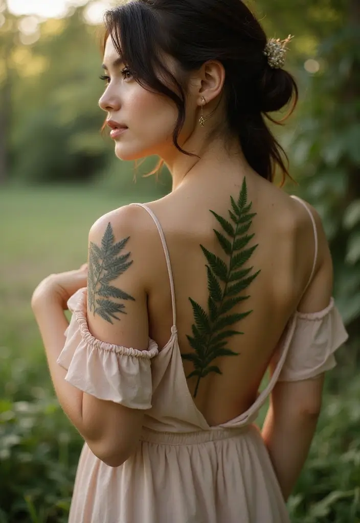 30 Spine Tattoos for Women: Simple But Beautifully Detailed - 8. Fern Fronds