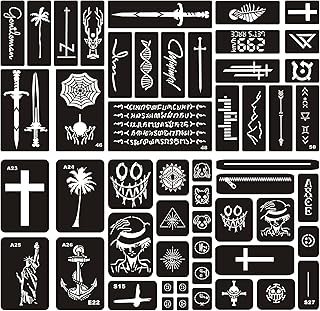 6 Sheets Henna Tattoo Stencil Kit, 52pcs Cross Sword Arrow Patterns Temp...