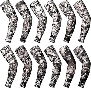 Boao 12 Pcs Temporary Tattoo Sleeve for Men Cooling Arm Sleeves Long Fin...