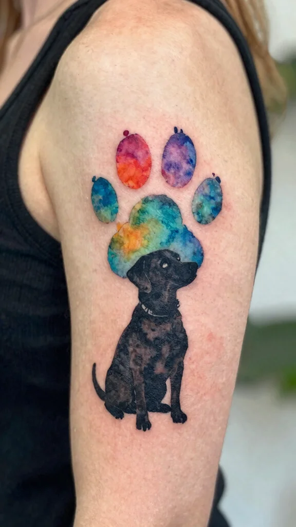 17 Dog Paw Tattoos for Women With Heartfelt Meaning - 12. Watercolor Paw Print with a Dog Silhouette 1