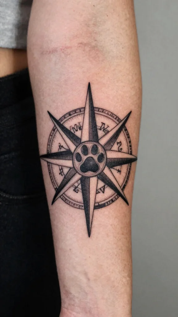 17 Dog Paw Tattoos for Women With Heartfelt Meaning - 13. Compass Rose with Paw Print 1