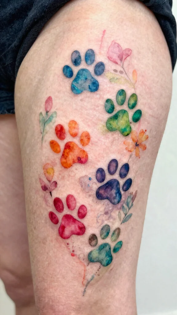 17 Dog Paw Tattoos for Women With Heartfelt Meaning - 5. Artistic Watercolor Paw Prints 1