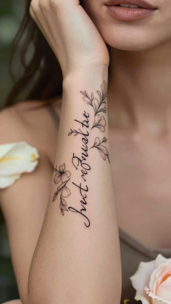 17 “Just Breathe” Tattoos for Women With Calm Meaning - 1. Elegant Script with a Floral Touch 1