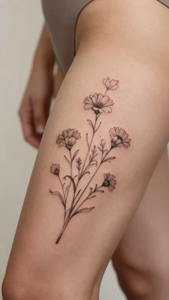 18 Dope Thigh Tattoos for Women With Bold Attitude - 1. Elegant Minimalist Floral 1