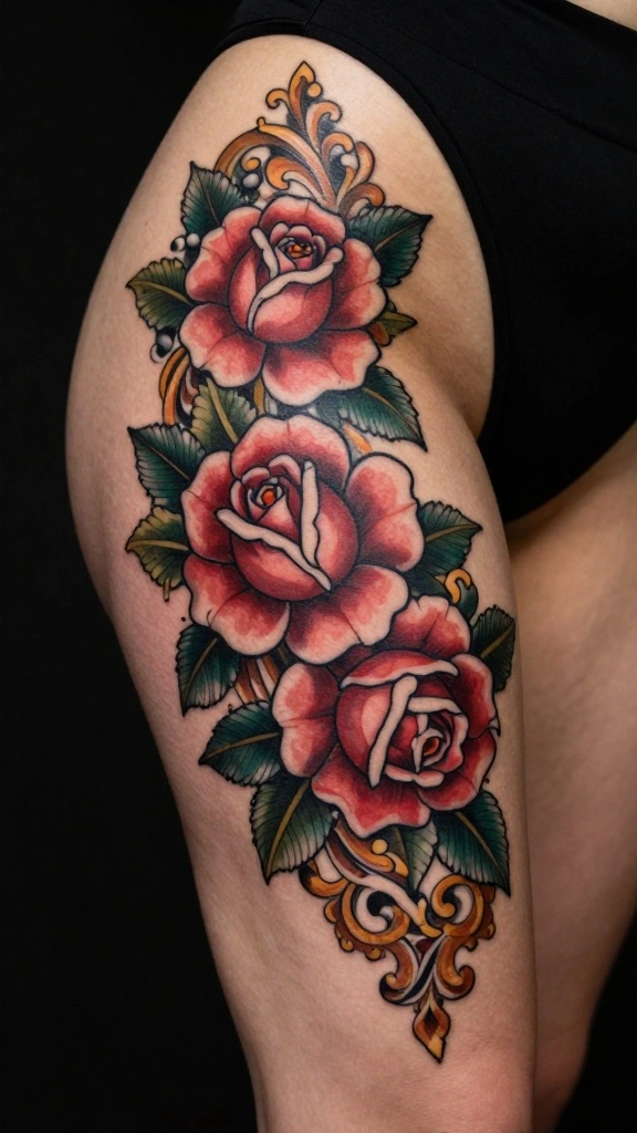 18 Dope Thigh Tattoos for Women With Bold Attitude - 11. Vintage-Inspired Designs 1