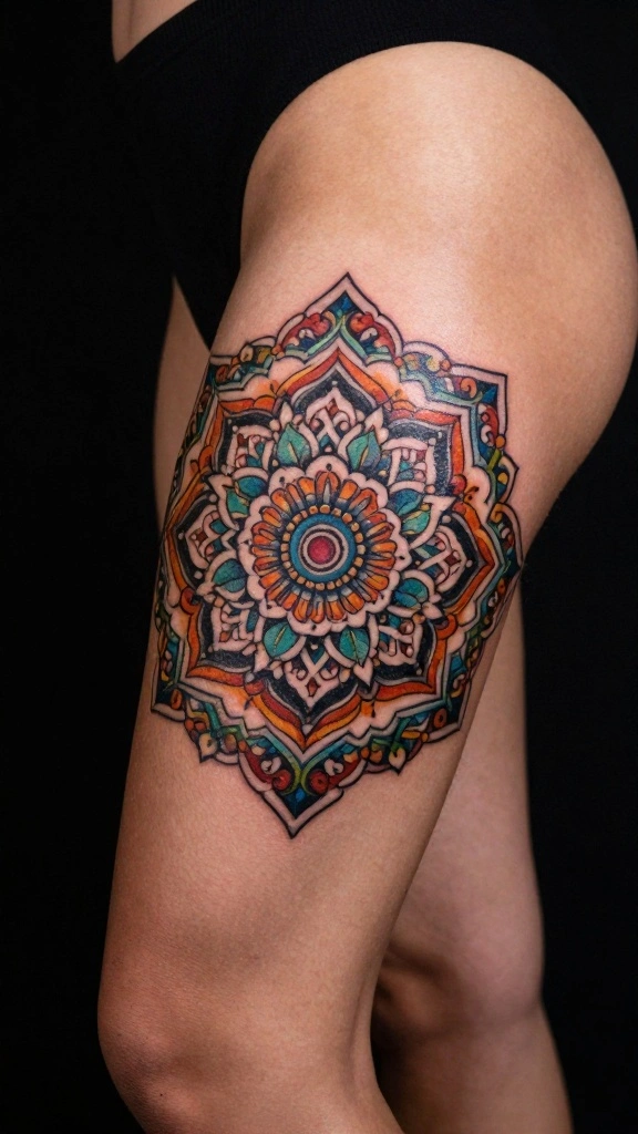 18 Dope Thigh Tattoos for Women With Bold Attitude - 14. Cultural Mandalas 1