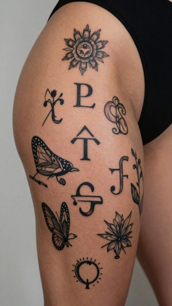 18 Dope Thigh Tattoos for Women With Bold Attitude - 17. Personal Journey Symbols 1