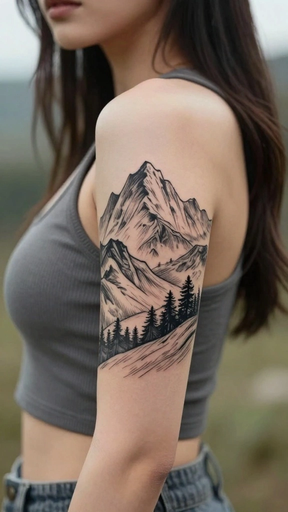 18 Elegant Classy Tattoos for Women That Never Age - 14. Classic Mountainscape 1