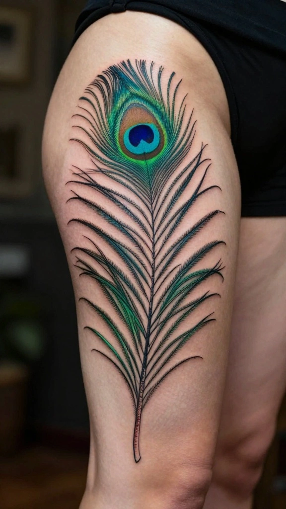 18 Elegant Classy Tattoos for Women That Never Age - 4. Chic Peacock Feather 1