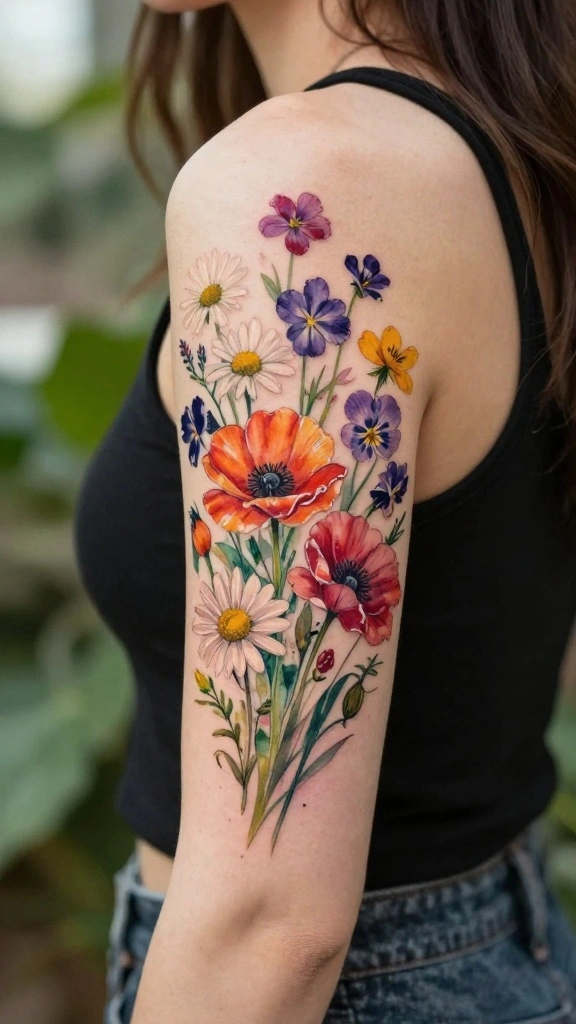 18 Flower Arm Tattoos for Women With Floral Beauty - 1. Watercolor Wildflowers 1