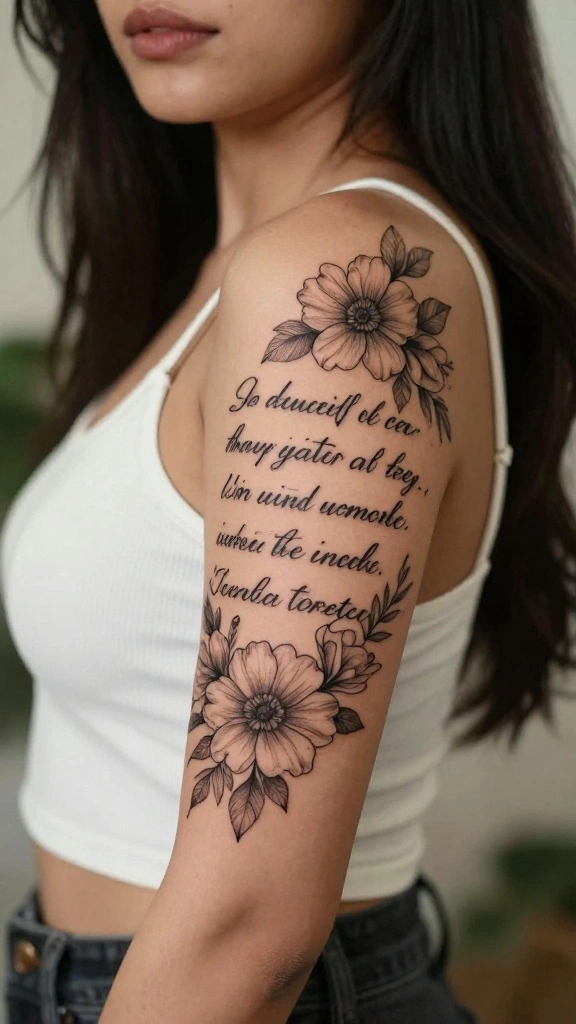 18 Flower Arm Tattoos for Women With Floral Beauty - 14. Floral Tattoos with Quotes 1