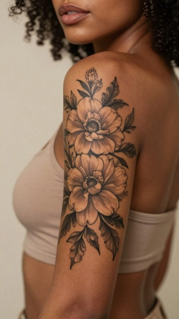 18 Flower Arm Tattoos for Women With Floral Beauty - 17. Vintage Floral Art 1