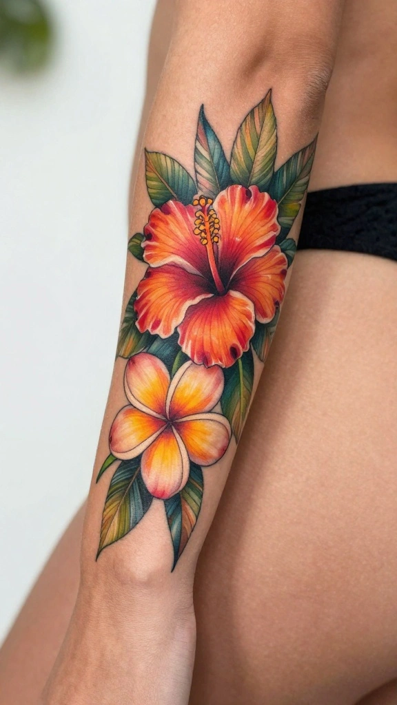 18 Flower Arm Tattoos for Women With Floral Beauty - 4. Tropical Blooms 1