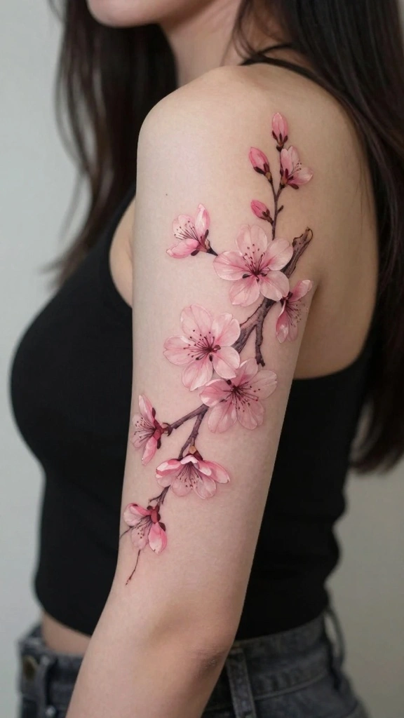 18 Flower Arm Tattoos for Women With Floral Beauty - 6. Cherry Blossom Magic 1