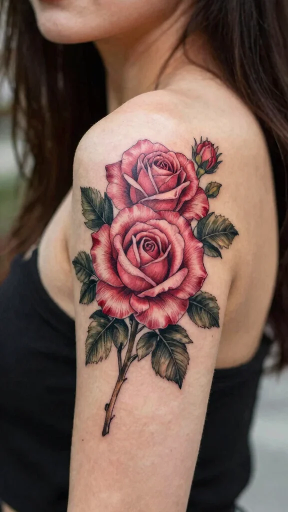 18 Upper Shoulder Tattoos for Women You’ll Love - 1. Elegant Rose Bouquet 1