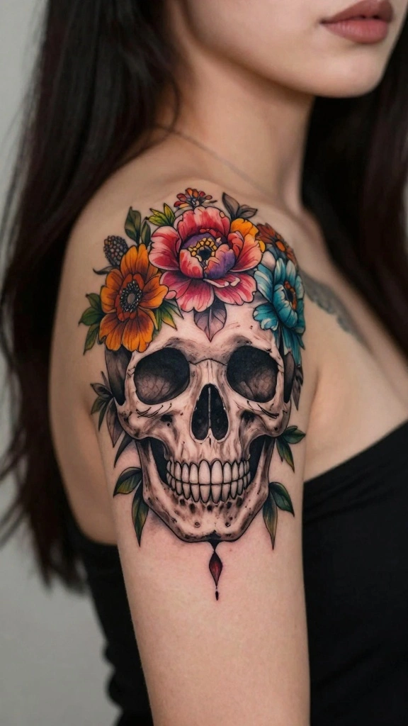 18 Upper Shoulder Tattoos for Women You’ll Love - 14. Floral Skull Art 1