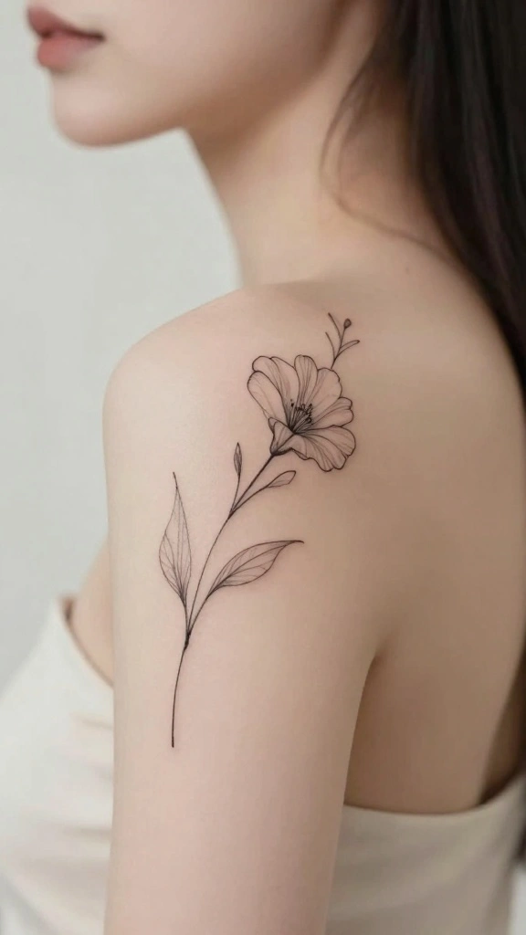 18 Upper Shoulder Tattoos for Women You’ll Love - 3. Minimalist Floral Line Art 1