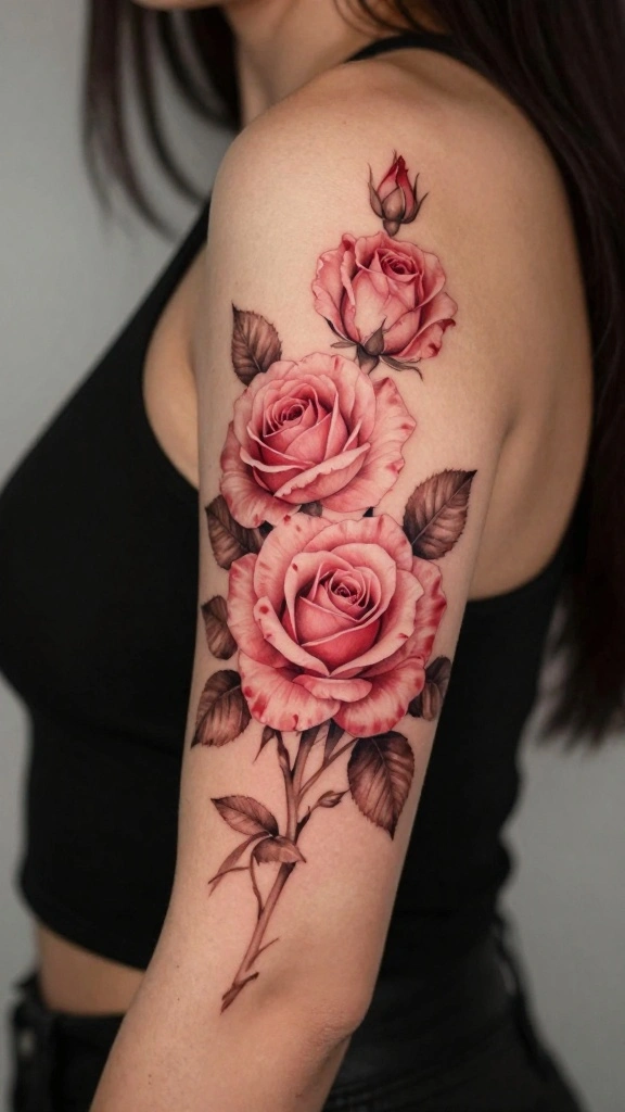 20 Flower Sleeve Tattoos for Women With Elegant Style - 1. Delicate Roses in Full Bloom 1
