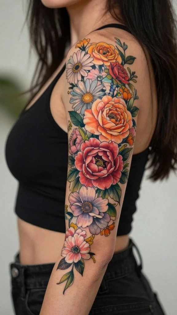 20 Flower Sleeve Tattoos for Women With Elegant Style - 12. Mixed Floral Designs for Diversity 1