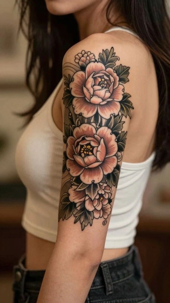 20 Flower Sleeve Tattoos for Women With Elegant Style - 13. Vintage Floral Tattoos for a Timeless Appeal 1