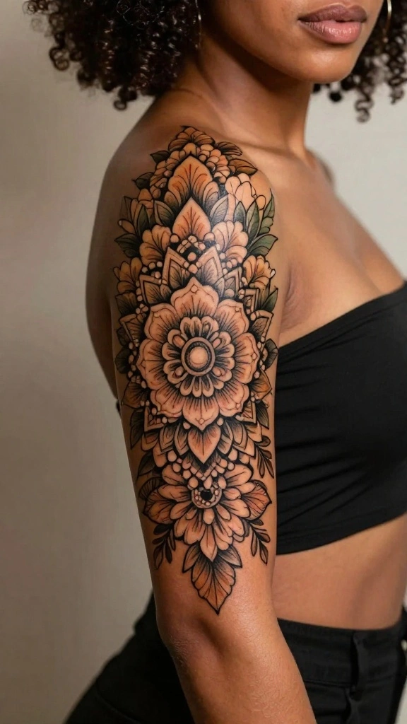 20 Flower Sleeve Tattoos for Women With Elegant Style - 14. Floral Mandala Tattoos for Spiritual Balance 1