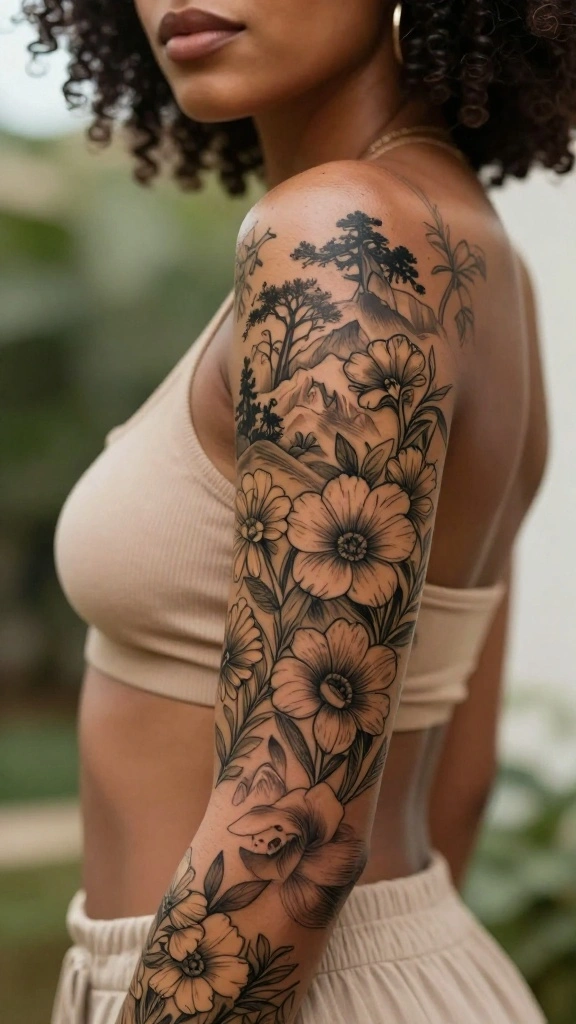 20 Flower Sleeve Tattoos for Women With Elegant Style - 15. Nature-Inspired Floral Compositions 1