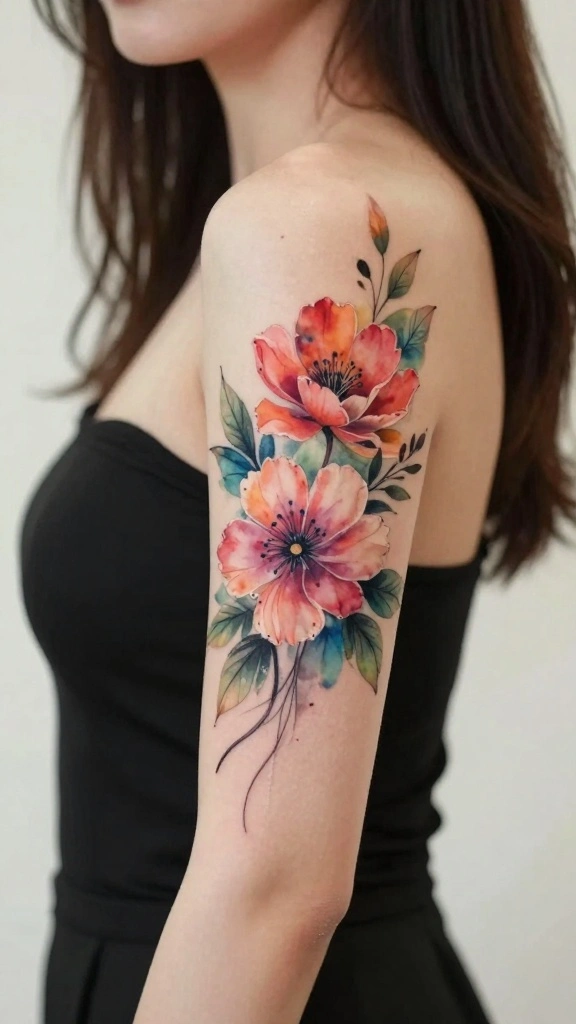 20 Flower Sleeve Tattoos for Women With Elegant Style - 16. Floral Watercolor Tattoos for Artistic Flair 1