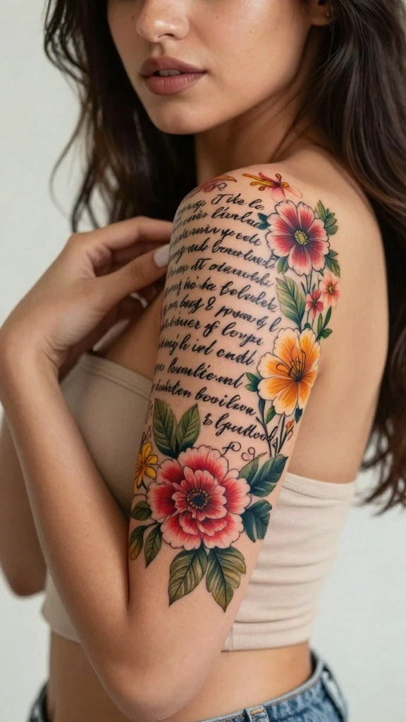 20 Flower Sleeve Tattoos for Women With Elegant Style - 18. Floral Sleeve with Inspirational Quotes 1