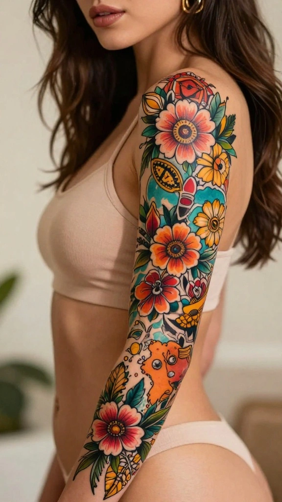 20 Flower Sleeve Tattoos for Women With Elegant Style - 20. Floral Continents for a Global Flair 1