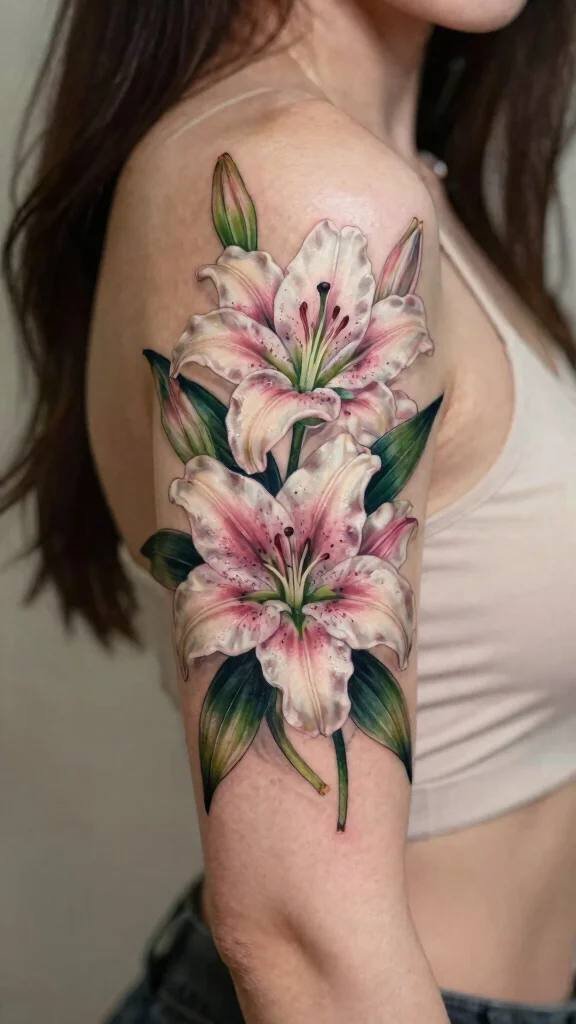 20 Flower Sleeve Tattoos for Women With Elegant Style - 3. Elegant Lilies for a Sophisticated Look 1