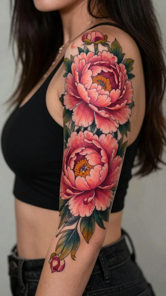 20 Flower Sleeve Tattoos for Women With Elegant Style - 4. Peonies for a Bold Statement 1