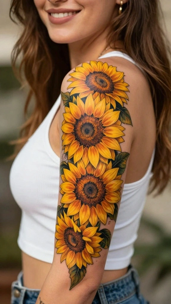 20 Flower Sleeve Tattoos for Women With Elegant Style - 6. Sunflowers for Cheerful Vibes 1