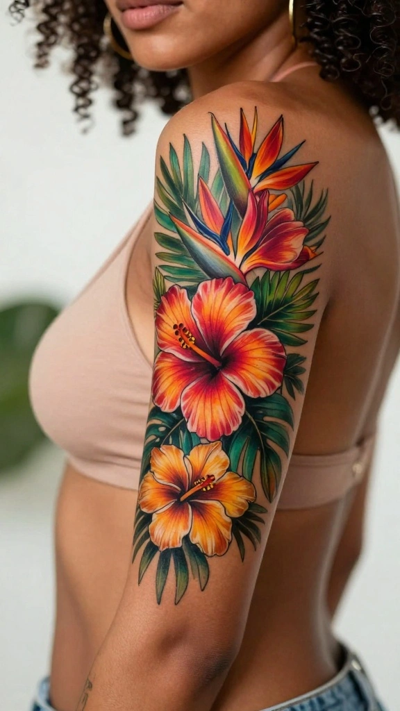 20 Flower Sleeve Tattoos for Women With Elegant Style - 9. Tropical Flowers for a Lively Twist 1