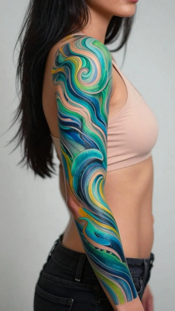 20 Ocean Sleeve Tattoos for Women Inspired by Freedom - 10. Abstract Ocean Art 1