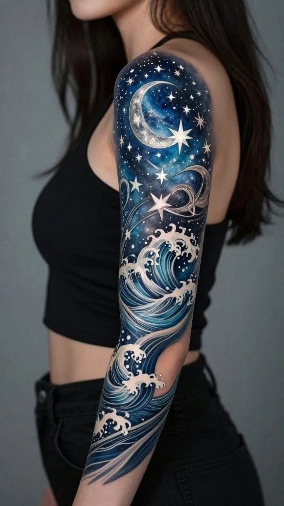 20 Ocean Sleeve Tattoos for Women Inspired by Freedom - 13. Celestial Ocean Designs 1