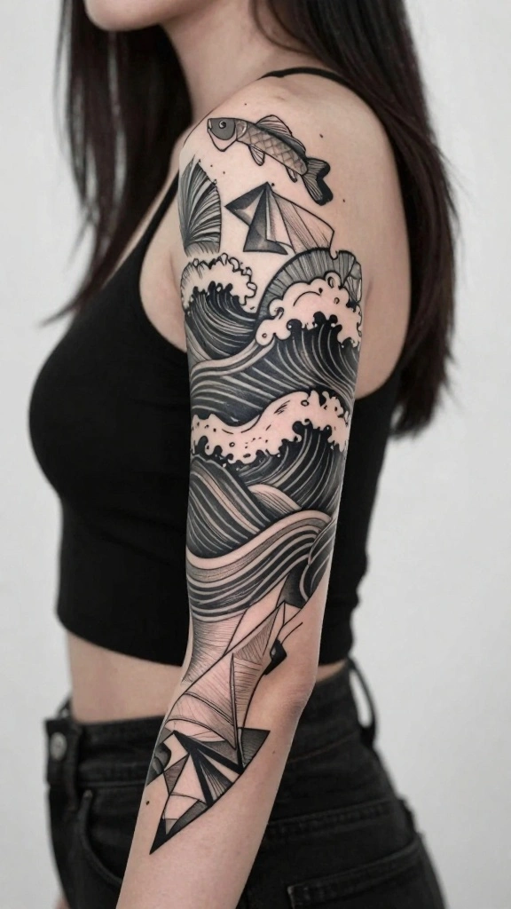 20 Ocean Sleeve Tattoos for Women Inspired by Freedom - 16. Geometric Ocean Tattoos 1