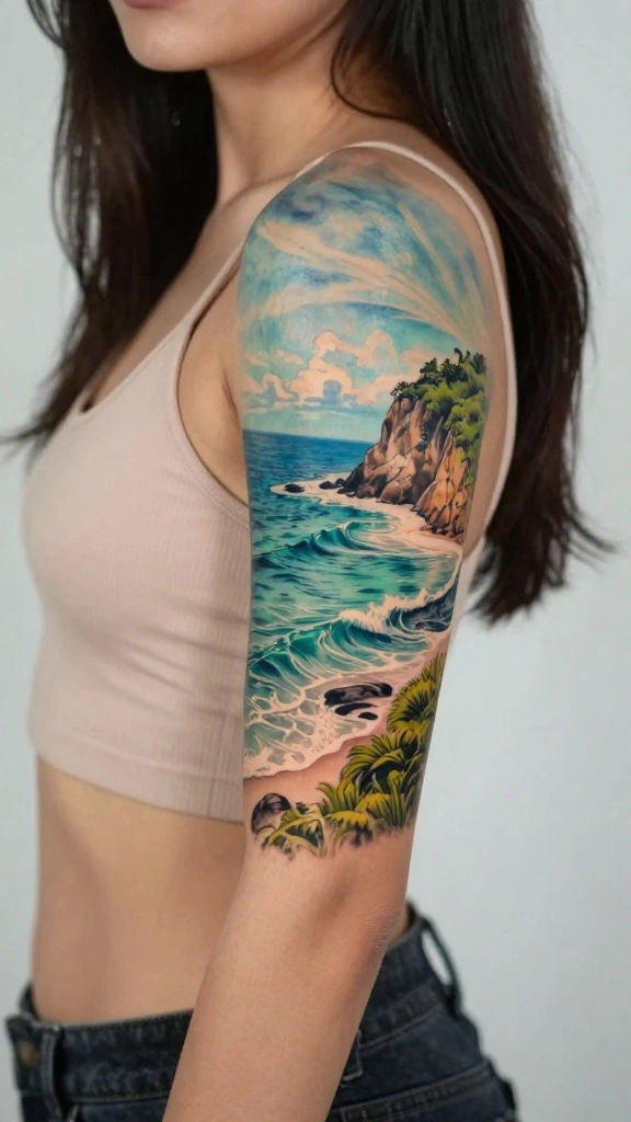 20 Ocean Sleeve Tattoos for Women Inspired by Freedom - 18. Ocean Landscapes 1