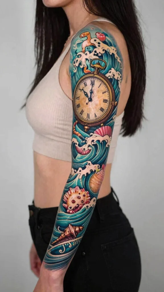 20 Ocean Sleeve Tattoos for Women Inspired by Freedom - 19. Ocean Timepieces 1