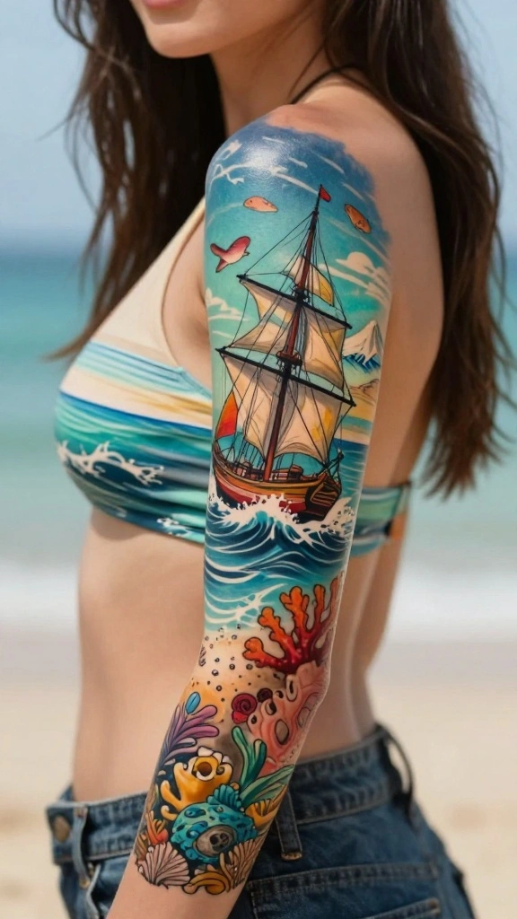 20 Ocean Sleeve Tattoos for Women Inspired by Freedom - 20. Ocean Adventure Scenes 1