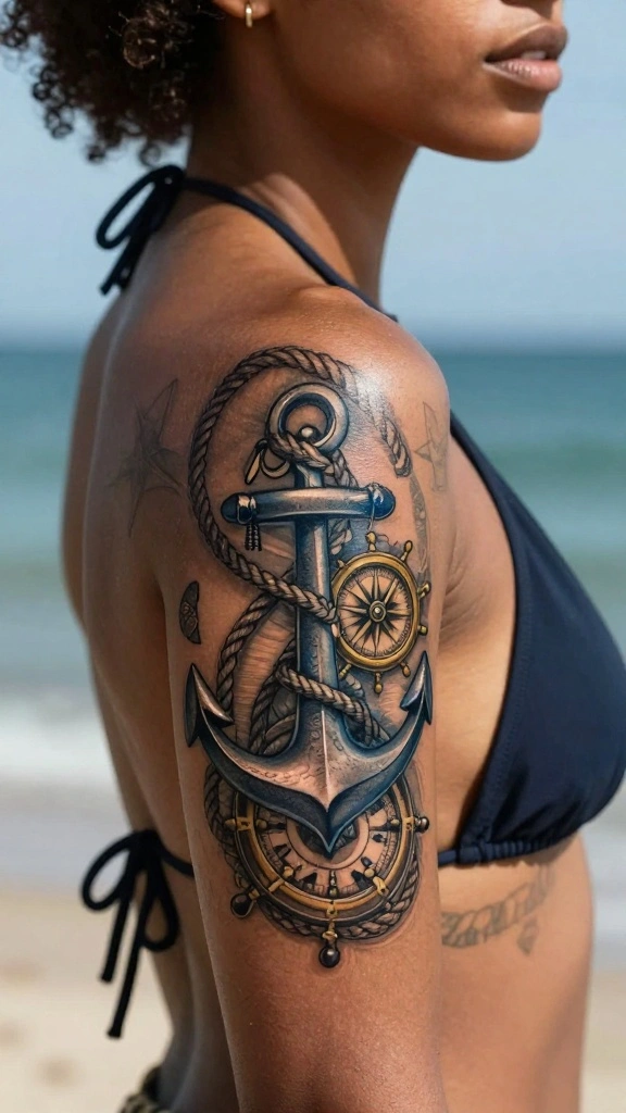 20 Ocean Sleeve Tattoos for Women Inspired by Freedom - 4. Nautical Symbols 1