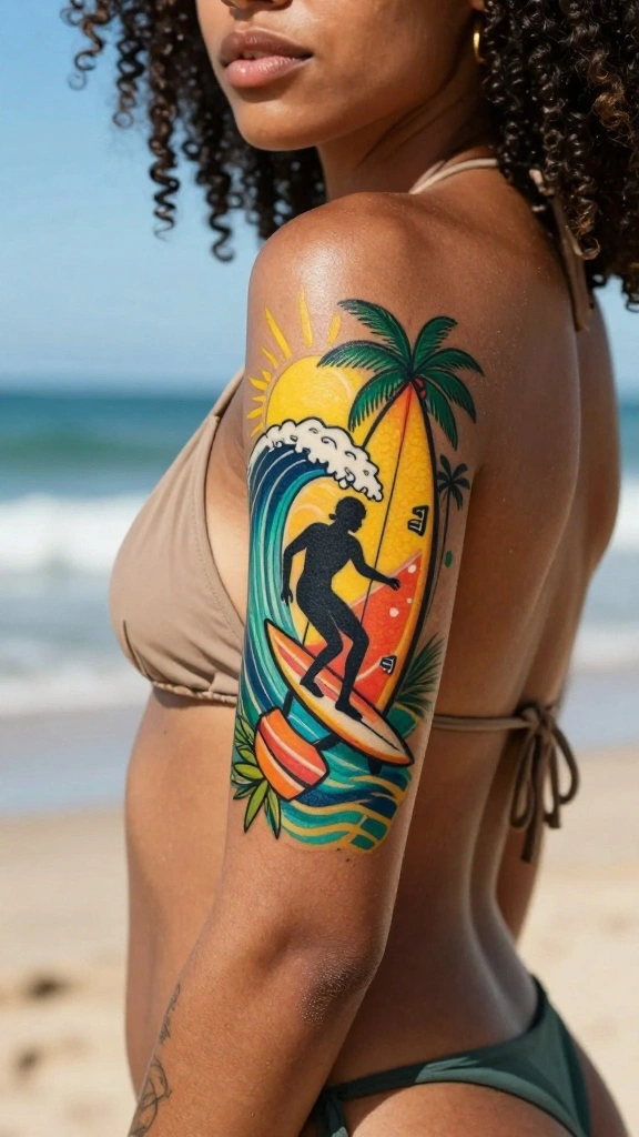 20 Ocean Sleeve Tattoos for Women Inspired by Freedom - 5. Surfer Girl Vibes 1