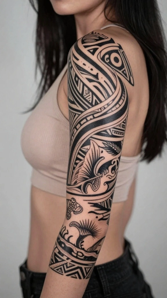 20 Ocean Sleeve Tattoos for Women Inspired by Freedom - 7. Tribal Ocean Designs 1